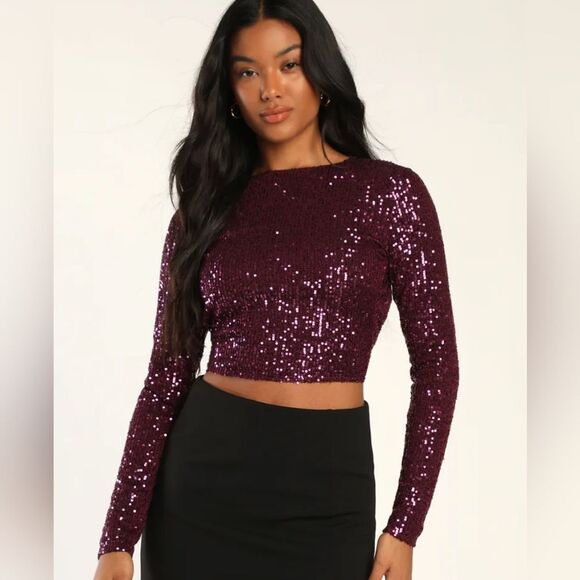 Lulu's Brilliant Shine Plum Purple Sequin Tie Back Open Cutout Crop Top Shirt XS - Picture 2 of 6